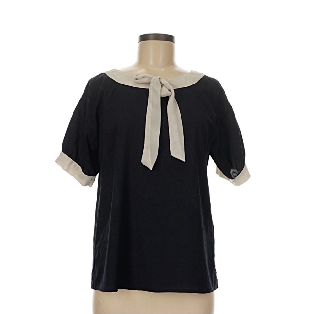 Comme Toi Black and Cream Tie-Neck Short Sleeve Top